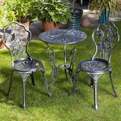 Image of Home Source Rose Patio Outdoor Bistro Table and 2 Chairs Metal Garden Furniture, Grey, Cast Iron, 3 Piece Set