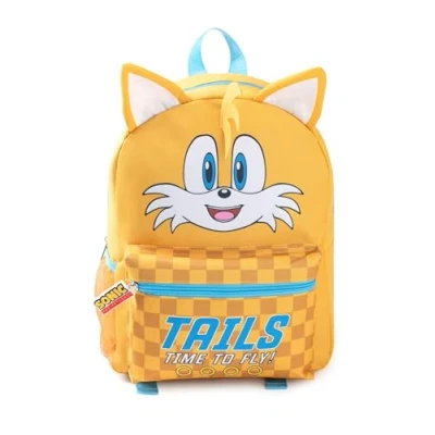 Image of Sonic The Hedgehog Kids 3D Tails Backpack Yellow &#039;Time To Fly!&#039; Character Bag with Checkered Front Pocket Zip Closure School for Boys &amp; Girls Merch Rucksack