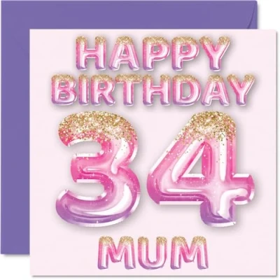 Image of 34th Birthday Card for Mum Pink &amp; Purple Glitter Balloons Happy Cards 34 Year Old Mother from Son Daughter, 145mm x Bday Greeting Gift