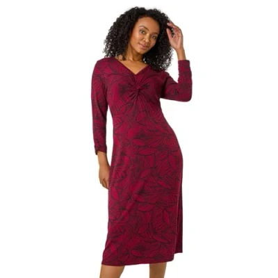 Image of Roman Originals Fit and Flare Dress for Women Ladies Chest Knot Ruched Tea Skater V Neck Formal Occasion Wedding Guest Smart Casual Everyday Wear Swing Midi Knee Length Petite Wine Size 18