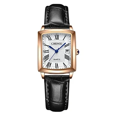 Image of JewelryWe Women Watches Square Analog Big Roman Numerals Quartz Calendar Watch Business Casual Leather Wristwatch