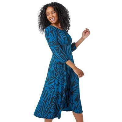 Image of Roman Originals Women Gathered Chest Dress Ladies Stretchy Fit &amp; Flare Swing Tea A Line Skater Knee Length Midi Smart Casual Work Going Out Cocktail Party Petite Teal Size 12