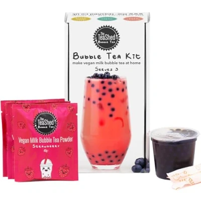 Image of Vegan Milk Bubble Tea Kit Gift Box 3 Servings Set includes Strawberry Powder, Blueberry Popping Boba and Paper Straws By The TeaShed