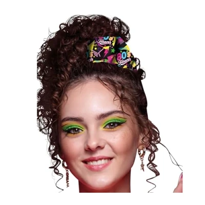 Image of FIESTAS GUIRCA 80s Multicolour Hair Tie Accessory for Disco Party and Fancy Dress Ideal Adult Women at Retro Style Celebrations Events
