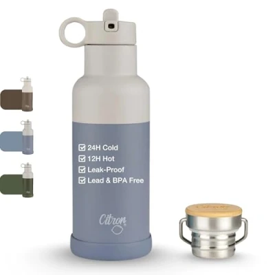 Image of Citron Stainless Steel Insulated Water Bottle 500ml/750ml Keeps Drinks Cold 24 Hours &amp; HOT 12 Hours, has 2 LIDS Leak Proof (Flask Lid Straw + Straws), BPA Free, Great for Work, Sport, Travel
