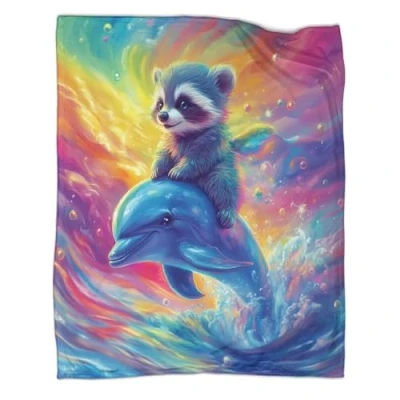 Image of Raccoons And Dolphins Blanket,3D Printed Fleece Throw Flannel Blanket,Super Soft Cozy Fuzzy Warm Throws,for Winter Nap Blanket, Couch Plush House Warming Decor Gift Idea 40x50inch(100x130cm)