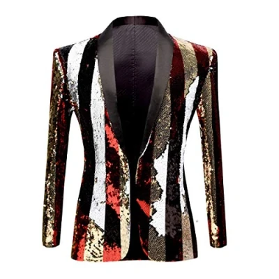 Image of PYJTRL Men Stylish Two Color Conversion Shiny Sequins Blazer Suit Jacket (Stripe, M)