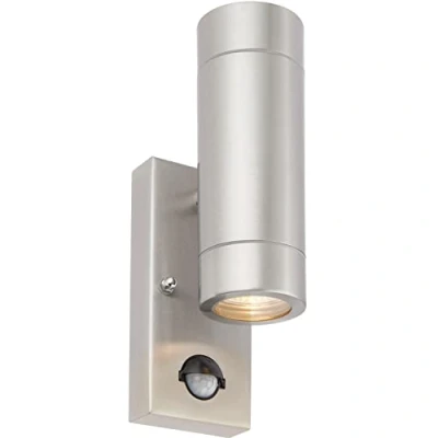 Image of Twin Up &amp; Down Wall Light with Built in PIR Sensor 2 x 7W Maximum GU10 LED Brushed Stainless Steel Clear Glass IP44 Rated Manual Override Lamp