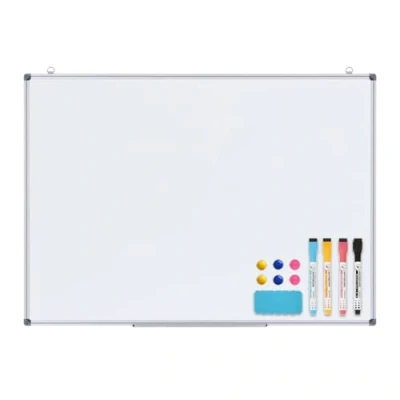 Image of simpa Magnetic Dry Wipe Whiteboard with Silver Aluminium Frame and Pen Tray, 4PC Pens, 6PC Magnets &amp; White Board Eraser 90cm (W) x 60cm (H)