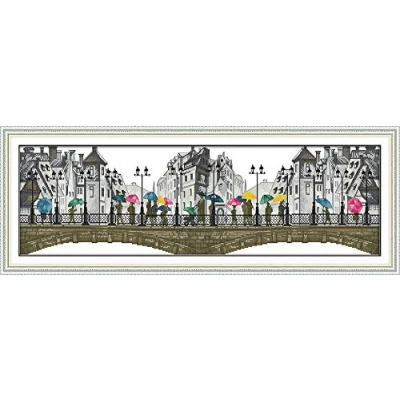 Image of CaptainCrafts Counted Cross Stitch kits No pre printed Fabric Set DMC DIY Art Embroidery Needlework Crafts (Unpreprinted 14CT, The Scenery in Rain)