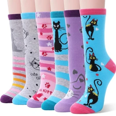 Image of EBMORE Girls Cotton Socks Cute Unicorn Pattern Soft Novelty Gift For Kid Child 6 Pack(Cat L,9 15 Y)