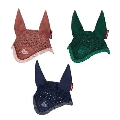 Image of LeMieux Mini fly Hood Orchid, Spruce or Indigo. A Stylish in Close Knit Crochet,