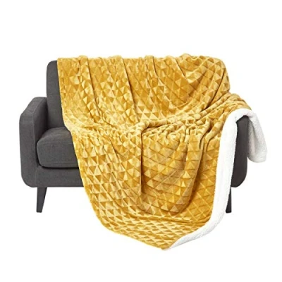 Image of HOMESCAPES Large Mustard Velvet Throw 160 x 200cm Soft Geometric Pattern Sherpa Yellow Blanket Bed and Sofa for Double Beds 2 Seater Sofas