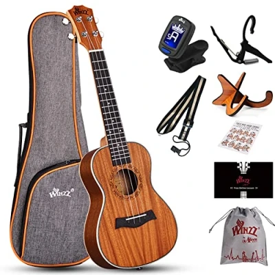 Image of Winzz Concert Ukulele 23 Inch for Adults Beginners, Mahogany Wooden Starter Kit with Stand and Capo
