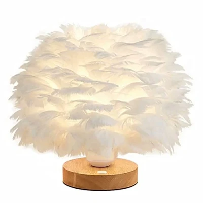 Image of White Feather Table Lamp Bedside with Wooden Base Light Desk Lampshade for Bedroom Lamp, Decorative Living Room