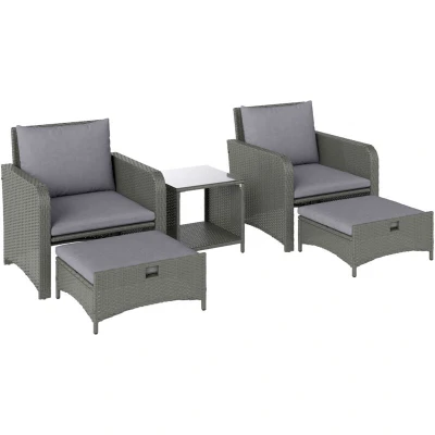 Image of Outsunny 5 Piece Rattan Garden Furniture Set, Wicker Patio Conversation Set with 2 Chairs, Tier Coffee Table, Ottomans and Thick Cushions for Outdoor, Balcony, Bistro, Porch, Grey