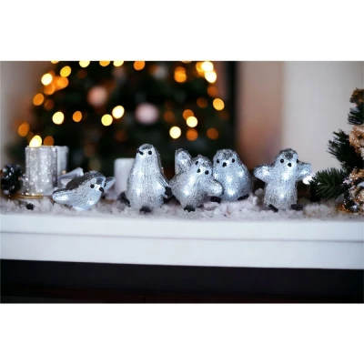 Image of Set of 5 Acrylic Outdoor/Indoor Christmas Penguins Battery Operated with 8 LED Light&#039;s Per Birds and On/Off Timer