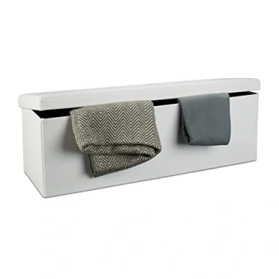 Image of Relaxdays Folding Storage Ottoman XL, 38 x 114 cm Sturdy Seat with Bench, Faux Leather, Removable Lid, White