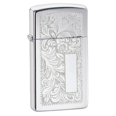 Image of Zippo Windproof Lighter Venetian High Polish Chrome Slim Case Refillable, Lifetime Use Adjustable Flame Gift Box Metal Construction Made in USA