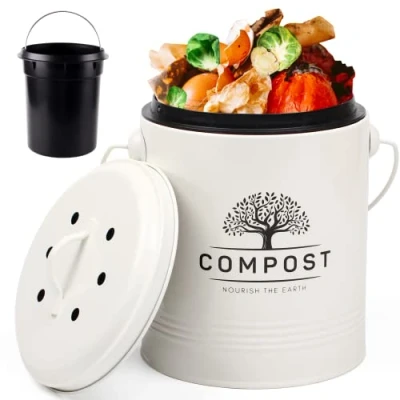 Image of Perfnique Kitchen Compost Bin, 5 Liter/1.3 Gallon Countertop Bin with Lid, Indoor Bucket Includes Inner Liner and Carbon Filter, Small