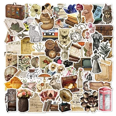 Image of Kaderas 100 Vintage Stickers, Aesthetic Vinyl Retro Stickers for Laptop Scrapbook Notebook Guitar Suitcase Skateboard, Trendy Gifts Girl Boy Adults Teens