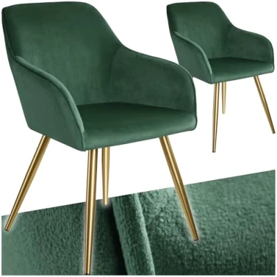 Image of TecTake® Set of 2 Dining Chairs in Velvet Look with Gold Steel Legs, Thickly Padded Armchairs, Ergonomic Design &amp; Easy Assembly Ideal as Dining, Living Room, Bedroom Desk Dark Green/Gold