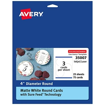 Image of Avery Round Cards with Sure Feed Technology, 4&quot; Diameter, Matte White, 75 Total, Print to The Edge, Laser/Inkjet Printable (35007)
