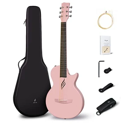Image of Enya Nova Go Carbon Fiber Acoustic Guitar 1/2 Size Beginner Adult Travel Acustica Guitarra w/Starter Bundle Kit of Colorful Gift Packaging, Strap, EVA Case, Cleaning Cloth(Pink)