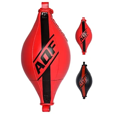 Image of AQF Double End Speed Ball Maya Hide Leather Boxing Dodge Bag Punching MMA Training Workout Floor to Ceiling Rope (Red)