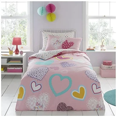 Image of GC GAVENO CAVAILIA Children Duvet Cover OR Luxury Soft Cosy Fitted Sheet Set,Easy Care Heart Bed Linen, Polycotton, Pink, Single, 11583615