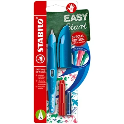 Image of Ergonomic School Fountain Pen STABILO EASYbirdy 3D Wildlife Special Edition A Nib (Beginner) Right Handed Pack of 1 Blue with Erasable Ink (Inc. Cartridge and Adjustment Tool)