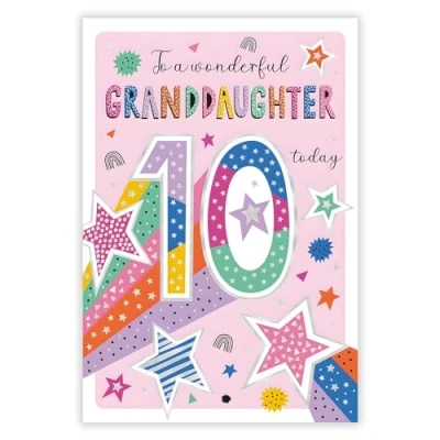 Image of Granddaughter 10th Birthday Card Age 10 Wonderful Graphic Stars Special Finishes and Illustrated Insert Leaf Made in the UK Eco Friendly