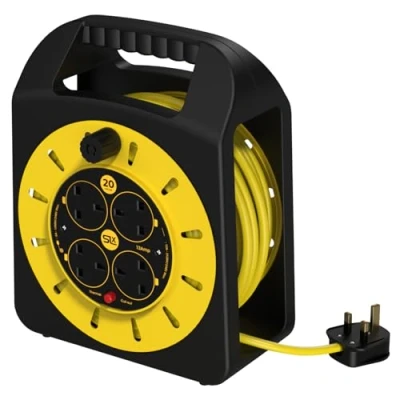 Image of SLx Extension Lead 20m 4 Socket Reel, Heavy Duty Cable Thermal Cut Out for Garden Lawn Mower Office 13A Fused UK Plug