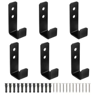 Image of AOROPS Pack of 6 Heavy Duty Wall Hooks, J Shape Black Coat Hooks for Screwing Hanging, Bulky Items, Mount