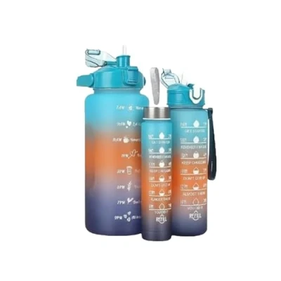 Image of YSAMAX Water Bottle With Straw, Reusable BPA Free Sports Bottle, Leakproof Drinks Time Markings, Motivational Quotes, 3PCS 2L, 700ML, 300ML, Blue