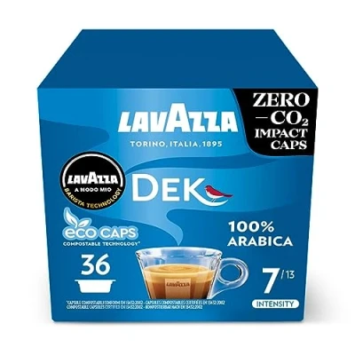 Image of Lavazza, A Modo Mio Dek Cremoso Coffee Capsules, Decaffeinated Pods Espresso, 100% Arabica, Full and Balanced Taste, Intensity 7/10, Medium Roasting, Compostable, 36 Capsules