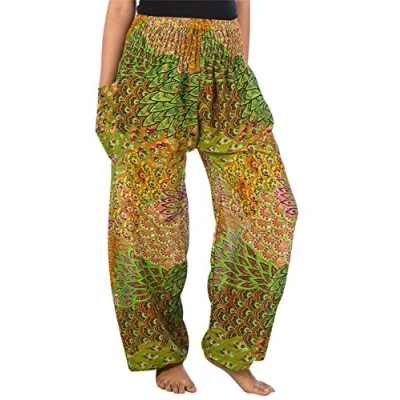 Image of Lofbaz Harem Pants for Women Yoga Boho Hippie Clothing Palazzo Bohemian Beach Trousers Maternity Pajama Indian Gypsy Travel Clothes Peacock 3 Light Green L