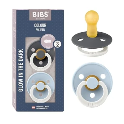 Image of BIBS Colour Glow Soother 2 Pack, in The Dark BPA Free Dummy Pacifier, Round Nipple. Natural Rubber Latex, Size (6 18 Months), Iron Night/Baby Blue Night