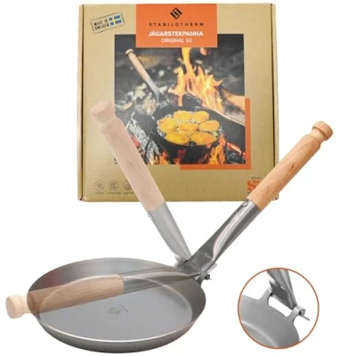 Image of Stabilotherm JÄGARSTEKPANNA Original Carbon Steel Frying Pan with Foldable Birch Handle, for Outdoor Indoor Cooking, Camping, Travel Friendly