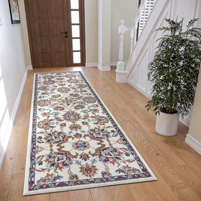 Image of Hanse Home Caracci Oriental Rug Runner Classic Densely Woven with Ornaments and Flower Motifs Soft Short Pile for Bedroom, Dining Room, Living Hallway, Kitchen Cream, 57 x 90 cm