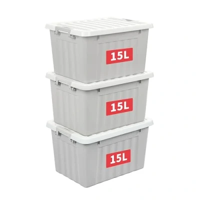 Image of Cetomo 15L*3 Storage Boxes with Lids, Plastic Bins Latching Buckles, Click Closure, Stackable, Nesting, Organizer for Home Office Clothes, Gray, 15L 3 Pack