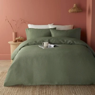 Image of Serene Green Waffle Duvet Cover Single Bedding Size (140 x 200cm) Soft Touch Luxury Grid Pattern Textured in Khaki Square Puckered Lindly Collection