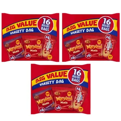 Image of Burton&#039;s Mini&#039;s Biscuits 3 x 380g Variety packs of 16 mini includes Double chocolate cookies, chip jammie dodgers