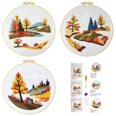 Image of 51buyoutgo 3pcs Embroidery Kit, Easy Streamside Landscape Starter Patterns Kits Set for Adults Beginners Including Pattern Cloth, Color Thread, Needles, Hoop, Scissors, Instructions