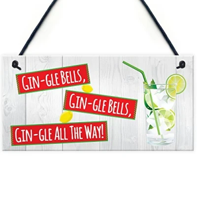 Image of RED OCEAN Gin gle Bells Funny Alcohol Christmas Tonic Gift Hanging Plaque Drink Sign