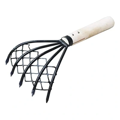 Image of Sturdy Compact Claw with Mesh Net 15 Inch Hand Clam Fork Short Wooden Handle Ergonomic