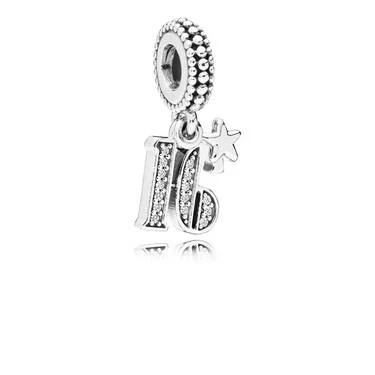 Image of Pandora Moments Women&#039;s Sterling Silver 16 Years of Love Cubic Zirconia Dangle Charm for Bracelet, No Box