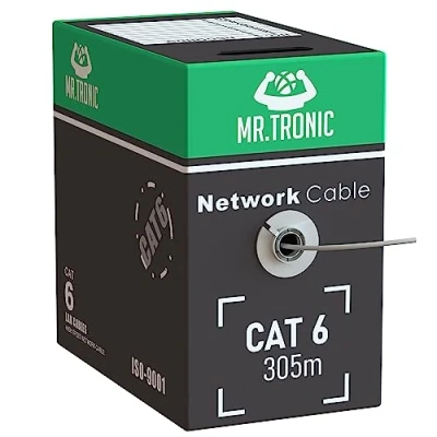 Image of Mr. Tronic Bulk Cat 6 Ethernet Cable 305m, High Speed LAN Network Cable, 305m Cat6 Internet 1 Gbps, 250 MHz, ADSL AWG24 UTP CCA (305 Meter, Grey)