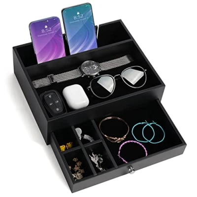 Image of BELLE VOUS Black 7 Compartment Valet Dresser/Nightstand Organiser Tray with Drawer Desk Storage Box for Wallet, Phone, Keys, Jewellery, Men&#039;s Accessories, Money, Cufflinks Catchall Bedside