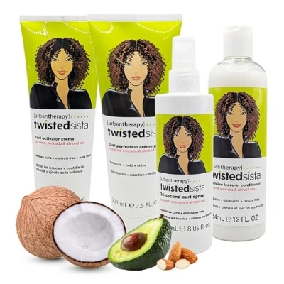 Image of Twisted Sista Stylish Curly Hair Products Care Bundle of 5 Curl Cream, Shampoo, Conditioner, Gel &amp; Spray with Coconut Oil, Almond Oil Avocado. Beauty Card.
